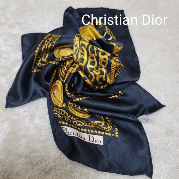【美品】Christian Dior クリスチャンディオール スカーフ シルク100 ジュエリー×チェーン柄 大判