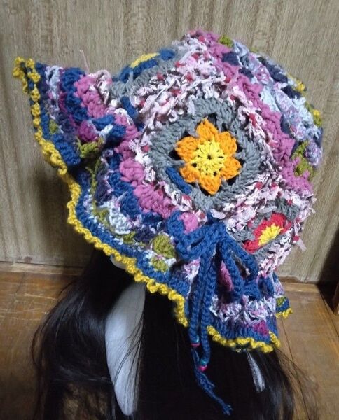 春夏フェスハットお花モチーフハンドメイド鉤針編み