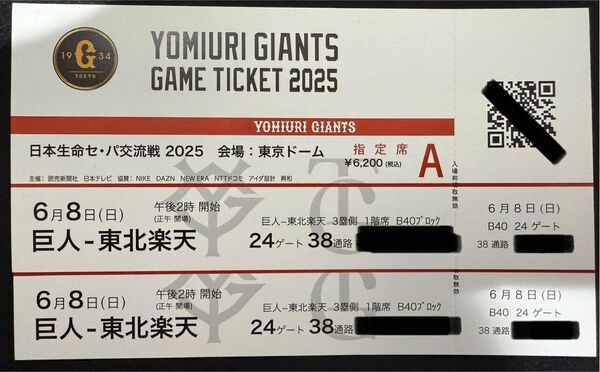 巨人対楽天 6月8日(日) セ・パ交流戦 A席