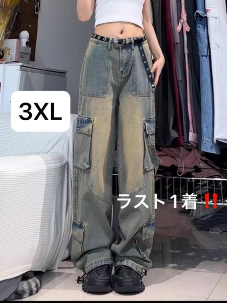 ヴィンテージ ワイド カーゴデニム Y2K 韓国 ストリート ストラップ ジーンズ カーゴパンツ 3XL