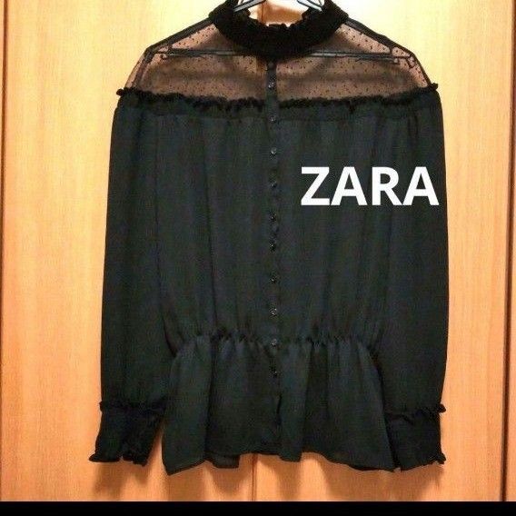 ZARA BASICドットシアー 切り替え シャーリング ボタンダウンブラウス透け感 ブラック