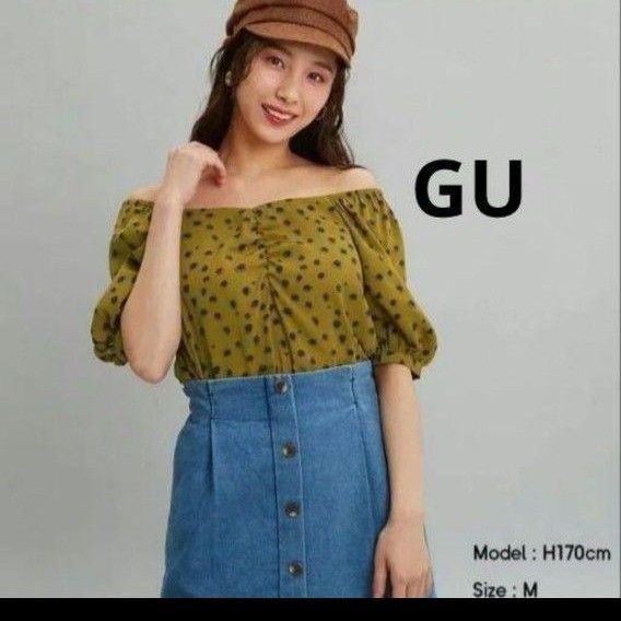 GU ローズプリントオフショルダーブラウス 五分袖 ブラウン