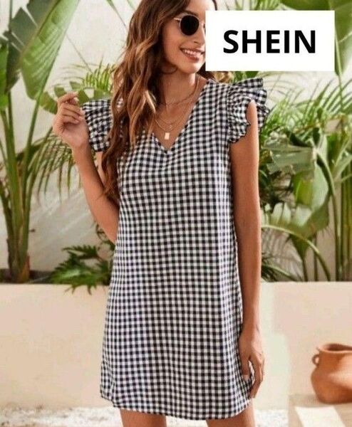 SHEIN フリルスリーブ ギンガムチェック ミニワンピース