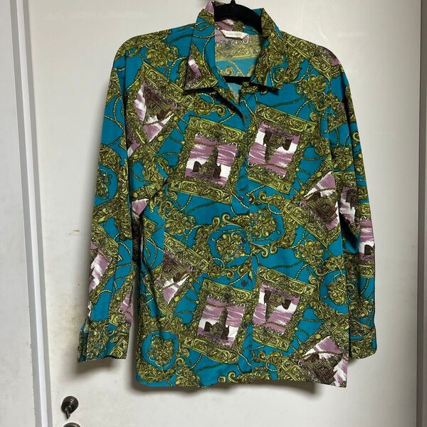 Laddy Gabbana 長袖シャツ 青・緑・紫 シャツ 古着 長袖 ヴィンテージ 総柄 長袖シャツ ビンテージ アメカジ