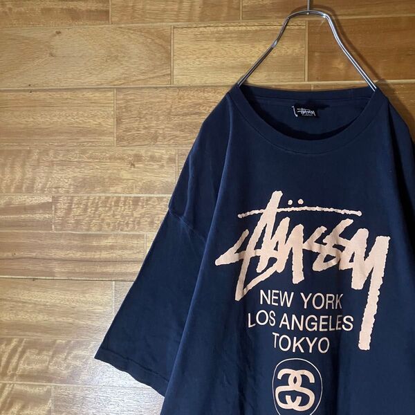 ステューシー STUSSY Tシャツ ワールドツアー 両面プリント ロゴ コーン 白 ゆるダボ XXL