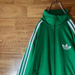 adidas トラックジャケット ジャージ グリーン ホワイト 刺繍ロゴ ハイネック ゆるダボ 太アーム サイドライン M程