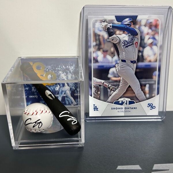 大谷翔平選手 50/50サインプリントフィギュアボール バット、MLB TOPPS 大谷翔平 50/50 カード 2点セット