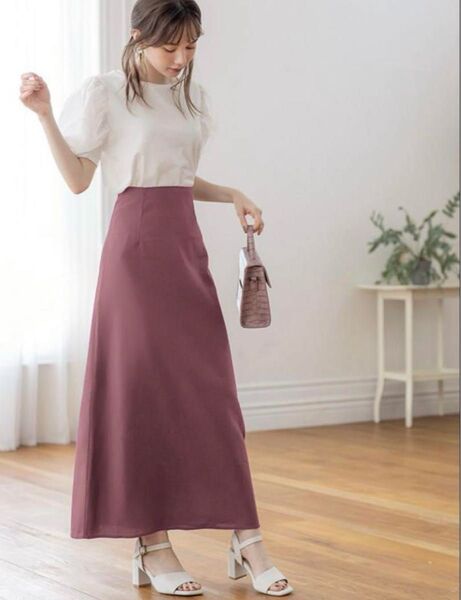 ロングスカート フレアスカート Lサイズ レッド系 ワインレッド プラム 送料無料 スカート ブルベ コットンリネン
