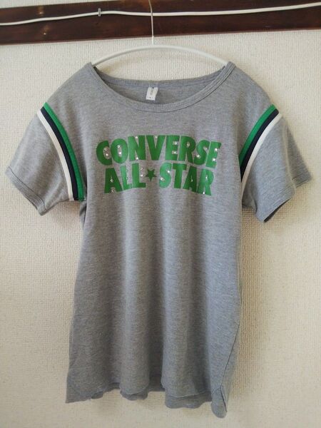 【コンバース】Lサイズ・ロゴ半袖Tシャツグレー・ラインストーン・古着