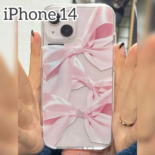 iPhone 14 ケース クリア ピンク 大きな リボン 可愛い 韓国 透明 スマホカバー iPhoneケース おしゃれ 透明