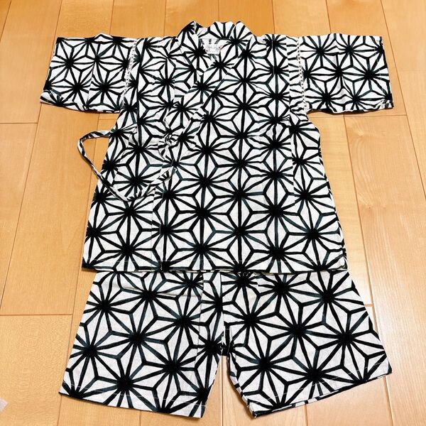 キッズ 幾何学模様 甚平 110cm 綿100 花火 子供 夏祭り 男の子 ブラック ホワイト シンプル コットン