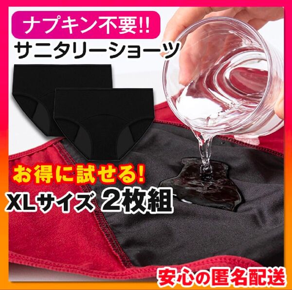 吸水ショーツ XL 2枚組 黒 サニタリーショーツ 尿漏れ防止 ナプキン不要 防災グッズ 生理用品 下着