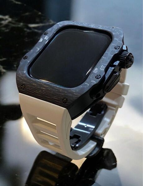 46mmカーボンケースカバーapplewatchラバーバンド.ベルトセット