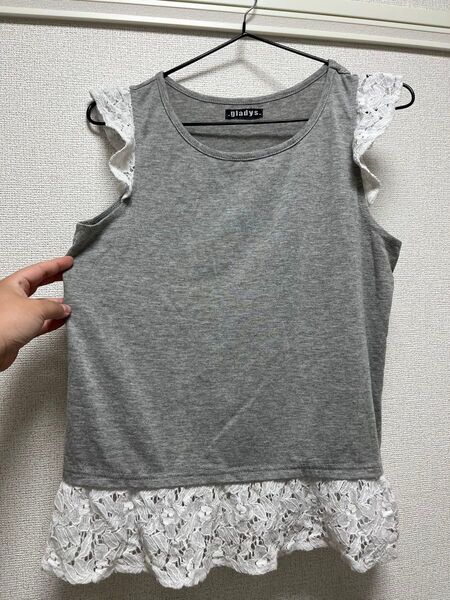 ノースリーブ タンクトップ 灰色 グレー レース フリル