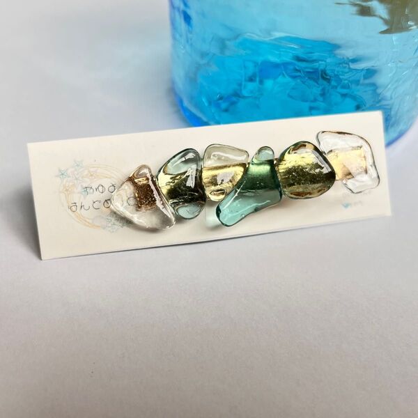 シーグラス ヘアクリップ ホワイト 水色 ゴールド
