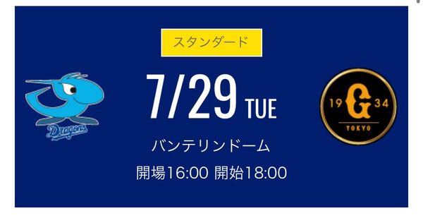 中日ドラゴンズチケット 7/29火 ドラゴンズ内野応援席