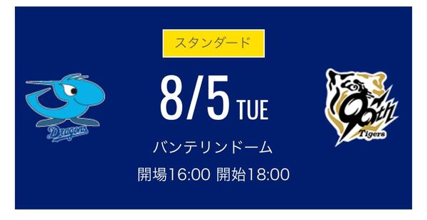 中日ドラゴンズチケット 8/5火 ドラゴンズ内野応援席