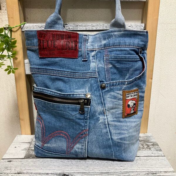 トートバッグ デニムリメイク ハンドメイド ワッペン付き ★可愛い★