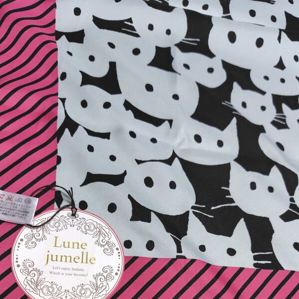 Lune jumelle 猫柄 スカーフ 黒 ピンク ストライプ 未使用●ルナ・ ジュメイル) ねこ ネコ