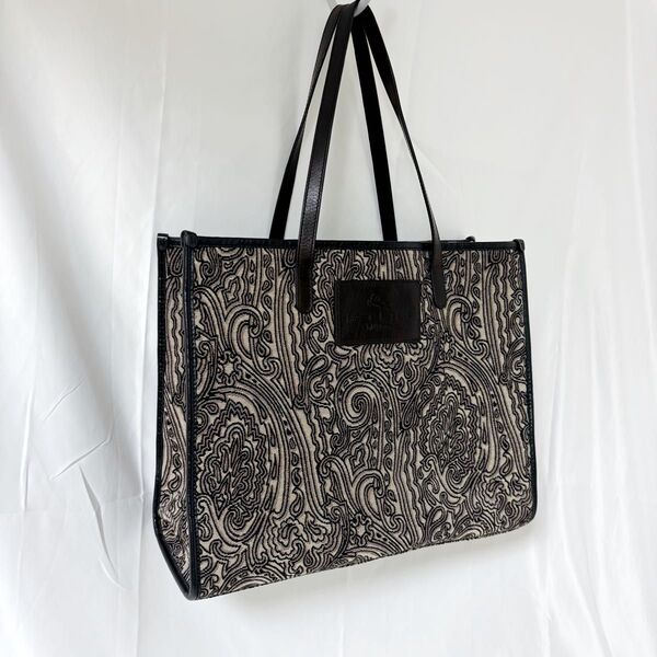 ETRO エトロ トートバッグ ハンドバッグ レザー ジャガード ペイズリー ダークブラウン ロゴ レディース