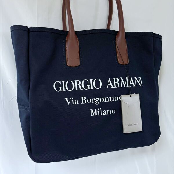 未使用級 GIORGIOARMAIN ジョルジオアルマーニ トートバッグ キャンバス レザー ミラノ本店住所プリント ユニセックス