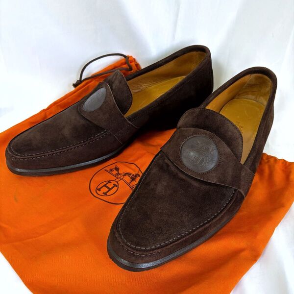 美品 正規品 HERMES エルメス 馬車ロゴ ローファー 革靴 スエード レザーシューズ ブラウン