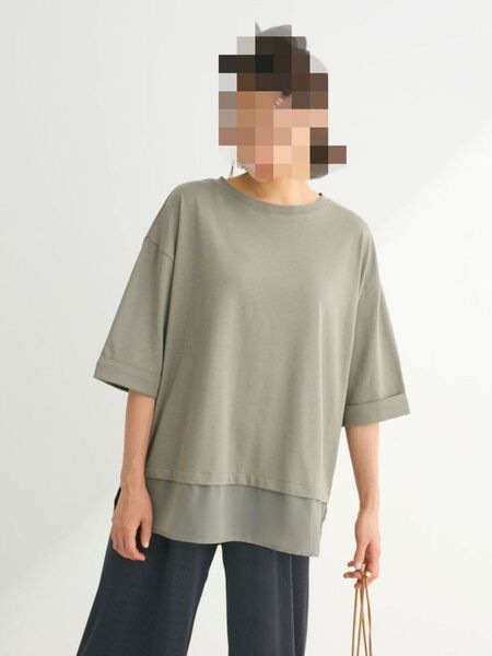 Green Parks 5分袖裾シアードッキングチュニック F カーキ