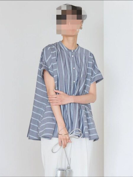 AMERICAN HOLIC 接触冷感フレンチスリーブ切り替えフレアブラウス L ストライプネイビー
