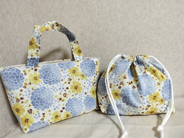 2点セット トートバッグ 弁当袋 ランチバッグ ミニトートバッグ 花柄 お弁当袋 巾着バッグダリア柄ハンドメイド