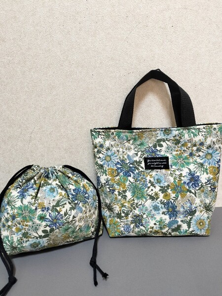 2点セットボタニカルフラワー柄トートバッグ、お弁当袋 ランチバッグ 花柄