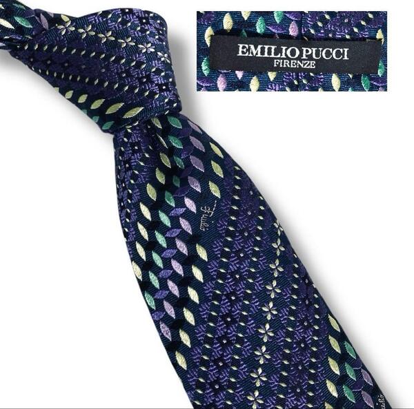 美品 EMILIO PUCCI エミリオ プッチ ネクタイ ストライプ シルク 100% 総柄 ジャガード パープル 紫 イタリア ロゴ Italy メンズ