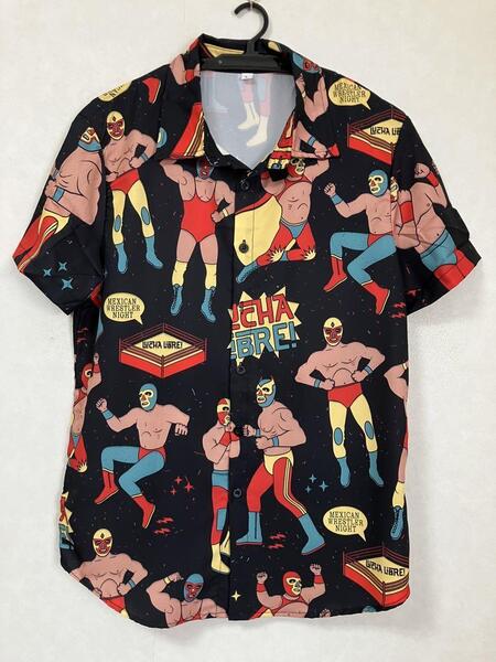 【未使用品】 プロレス マスクマン メキシコ MASKMAN シャツ Tシャツ 総柄 派手 目立つ アロハシャツ ボタンシャツ 開襟 L 黒