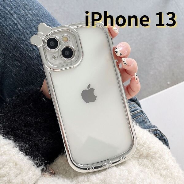 iPhone13 スマホケース シルバー 銀 クリア リボン シンプル 軽量 耐衝撃 透明 おしゃれ シンプル E024