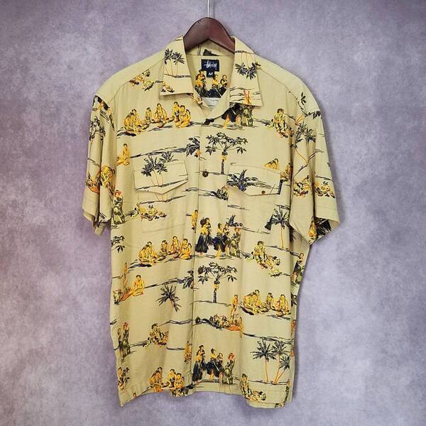 【美品 クリーニング済 USA製】 OLD STUSSY ステューシー 総柄 アロハシャツ 半袖 開襟 オープンカラー レーヨン 90S 80S