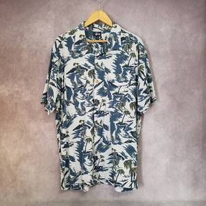 【美品 クリーニング済 USA製】 OLD STUSSY ステューシー 総柄 アロハシャツ 半袖 開襟 オープンカラー レーヨン ブルー 90S