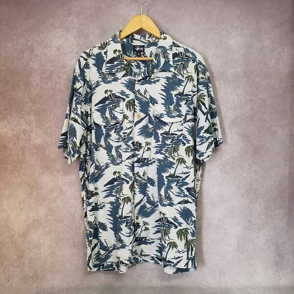 【美品 クリーニング済 USA製】 OLD STUSSY ステューシー 総柄 アロハシャツ 半袖 開襟 オープンカラー レーヨン ブルー 90S