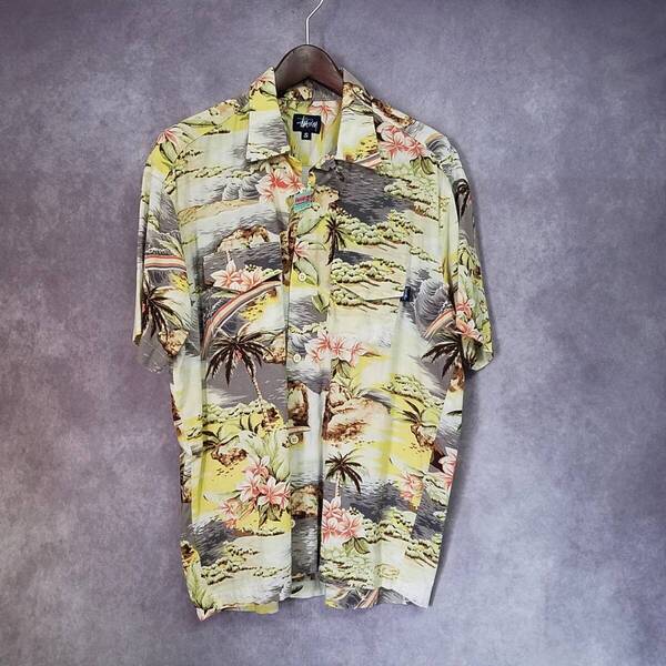 【美品 クリーニング済 USA製】 OLD STUSSY ステューシー 総柄 アロハシャツ 半袖 開襟 オープンカラー 90S 80S
