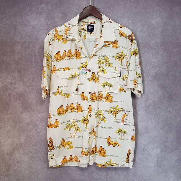 【美品 クリーニング済 USA製】 OLD STUSSY ステューシー 総柄 アロハシャツ 半袖 開襟 オープンカラー レーヨン 90S