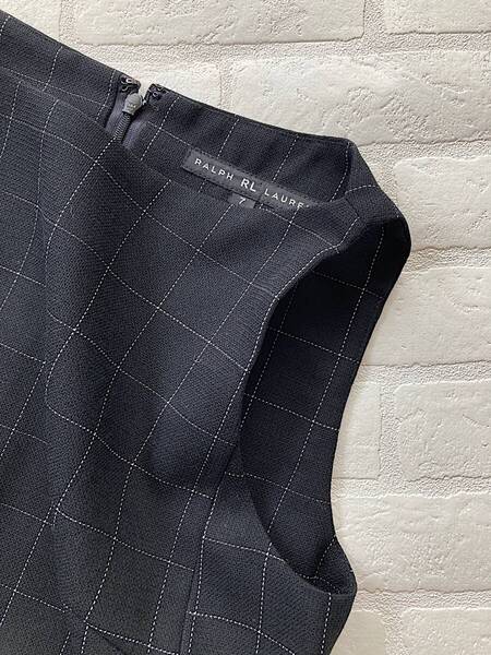 ◆ RALPH LAUREN ラルフローレン ノースリーブ ワンピース ひざ丈 格子柄 チェック フォーマル ドレス レディース サイズ7 黒
