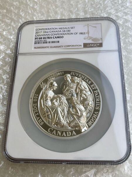 NGC鑑定PF68・100カナダドル版 カナダのウナとライオン 10オンス銀貨 シルバープルーフコイン 2017年建国150周年記念 コンフェデレーション