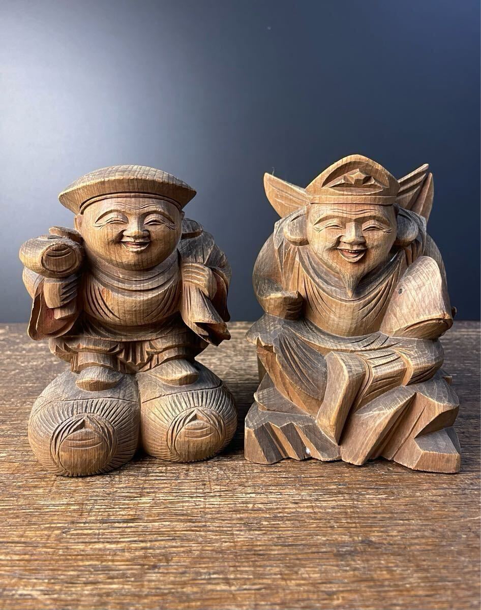 古美術品 極上和彫刻 恵比寿大黒二体 白材彫刻 コレクション Yahoo!オークション -「恵比寿大黒 木彫り」(アンティーク