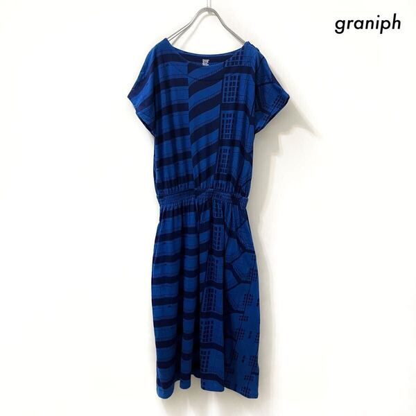 graniph グラニフ★半袖ワンピース 総柄プリント ブルー 青
