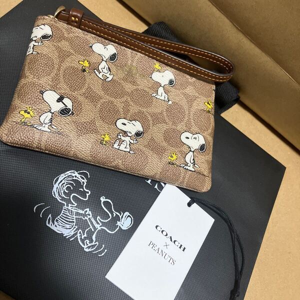 送料込専用袋付●新品●COACH X PEANUTS スヌーピー リストレットB 小物ポーチ シグネチャープリント 2025新作 ピーナッツ コーチ