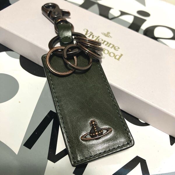 送料込●新品●Vivienne Westwood 定番黒 五連キーリング 本牛革 緑C キーホルダー バッグチャーム ヴィヴィアンウエストウッド ビビアン