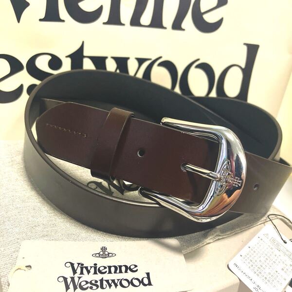 送料込元箱付●新品● Vivienne Westwood ベルト 濃茶 ウエスト最大125cm 幅3.5cm カット調整可 ヴィヴィアンウエストウッド ビビアン