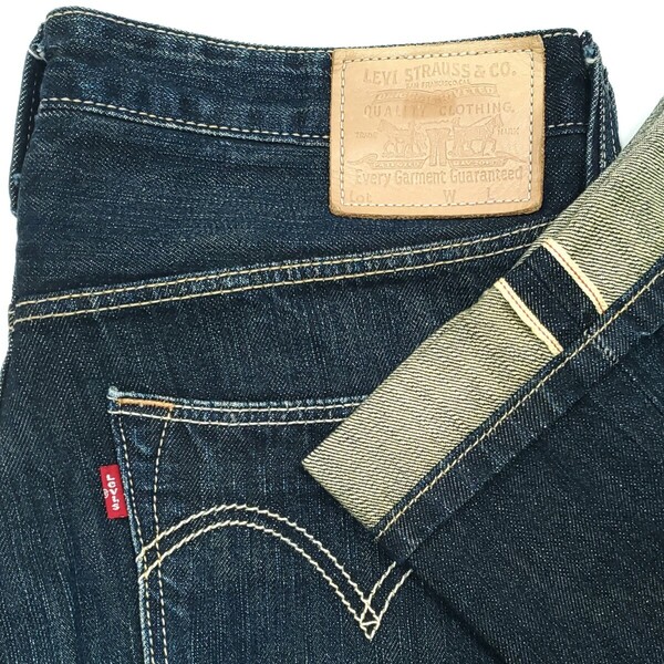 赤耳ビッグサイズW36◆Levi's LH523◆ストレートジーンズリーバイス牛革レザーパッチセルビッジデニムパンツ裏地ヒッコリーストライプ 1077