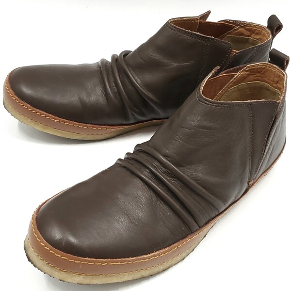美品ドレープ加工◆FOOT STYLE◆約25.5cm本革レザーサイドゴアブーツショートこげ茶メンズ41ブラウン革靴フットスタイル本皮シューズ 1091