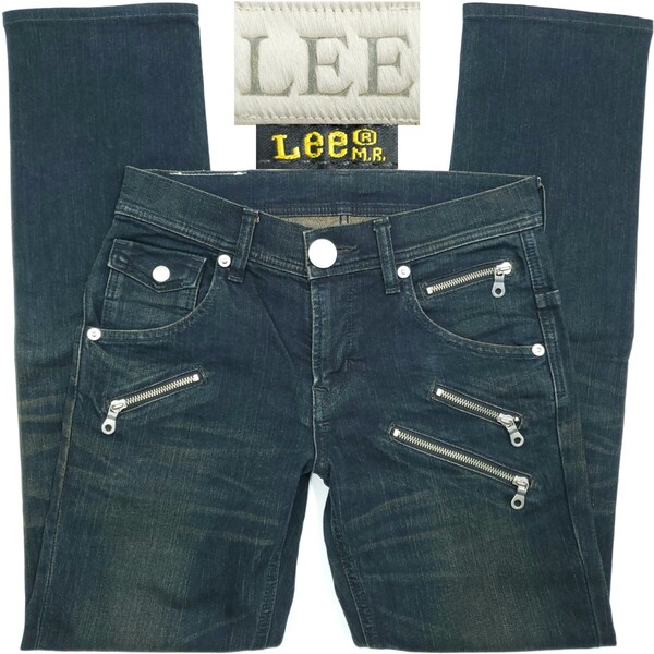 ヘアオンハイド◆Lee(リー)◆W28パンクロックボンテージ風デニムパンツメンズ牛革パッチ立体裁断ジップ加工ジーンズジーパンワーク 1093