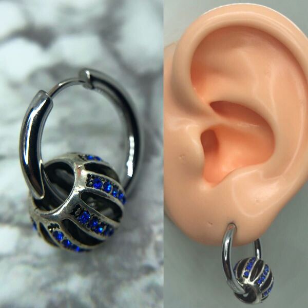 【新品】フープ ピアス 18g ボール ブルー シルバー アクセサリー ワン ジルコニアダイア 片耳用 韓国 hiphop メンズ ストリート