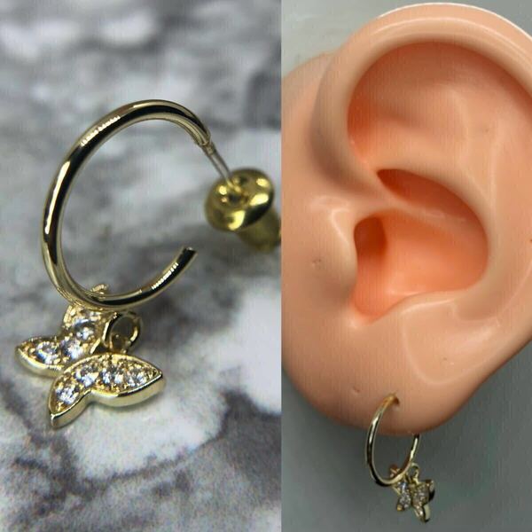 【新品】スタッド ピアス フープ ドロップ バタフライ 蝶々 ホワイト ゴールド ジルコニア ダイア 片耳 18g 韓国 かわいい